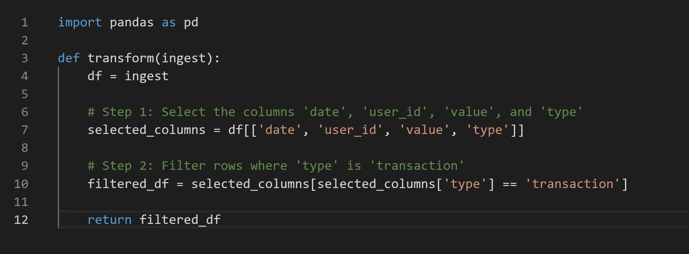 DataSpace code editor showing Python data transformation interface